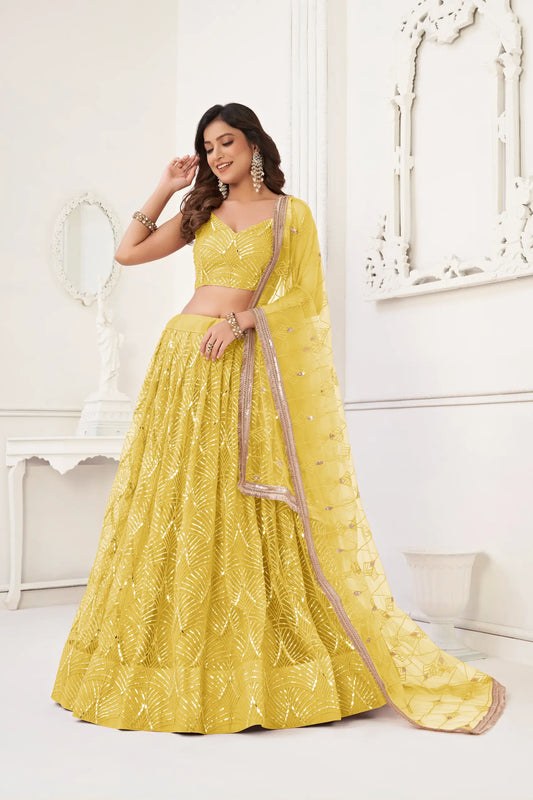 Yellow Net Lehenga Choli With Thread Work, Mirror Work & Sequence Embroidery Work