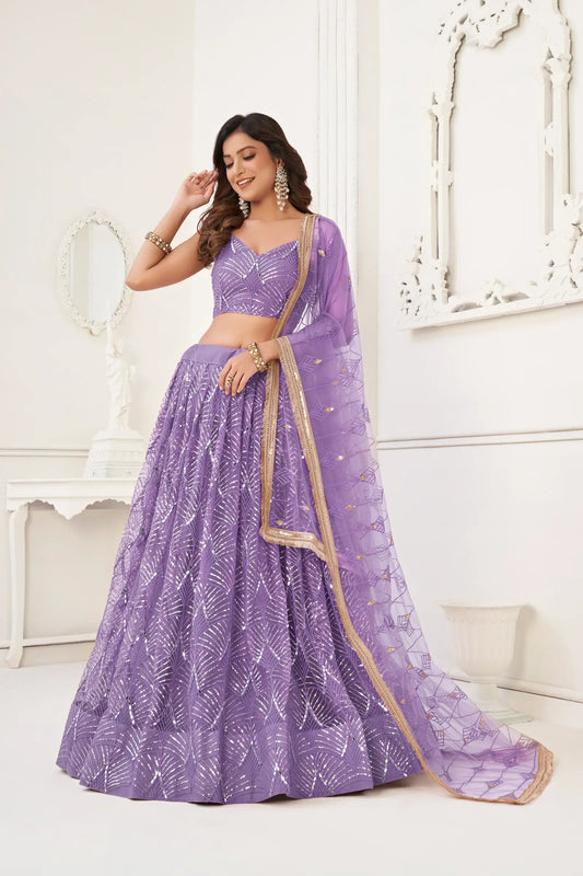 Lavender Net Lehenga Choli With Thread Work, Mirror Work & Sequence Embroidery Work