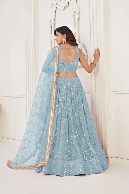 Sky Blue Net Embroidery Lehenga Choli