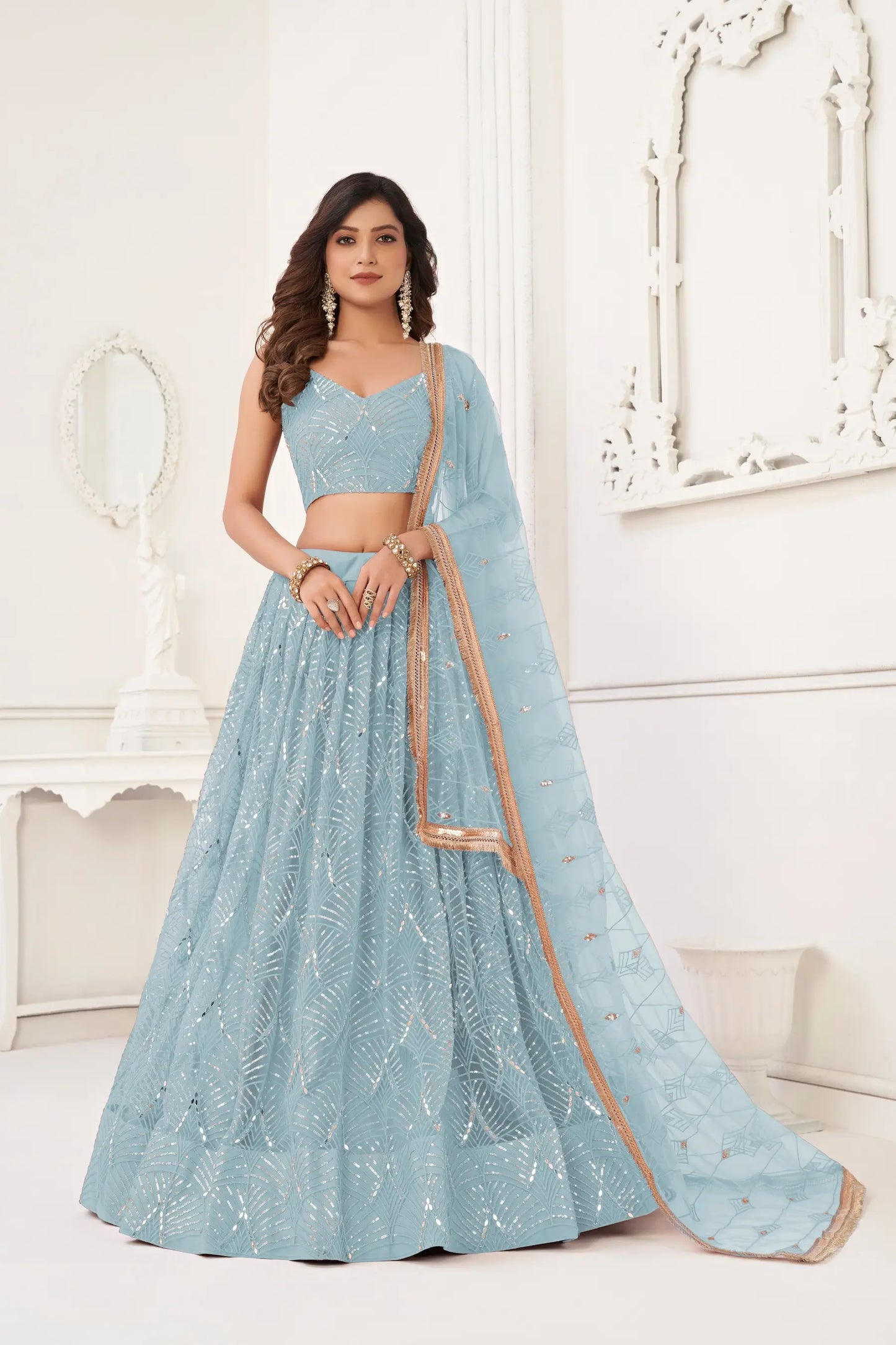 Sky Blue Net Embroidery Lehenga Choli