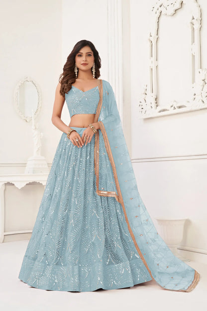 Sky Blue Net Embroidery Lehenga Choli
