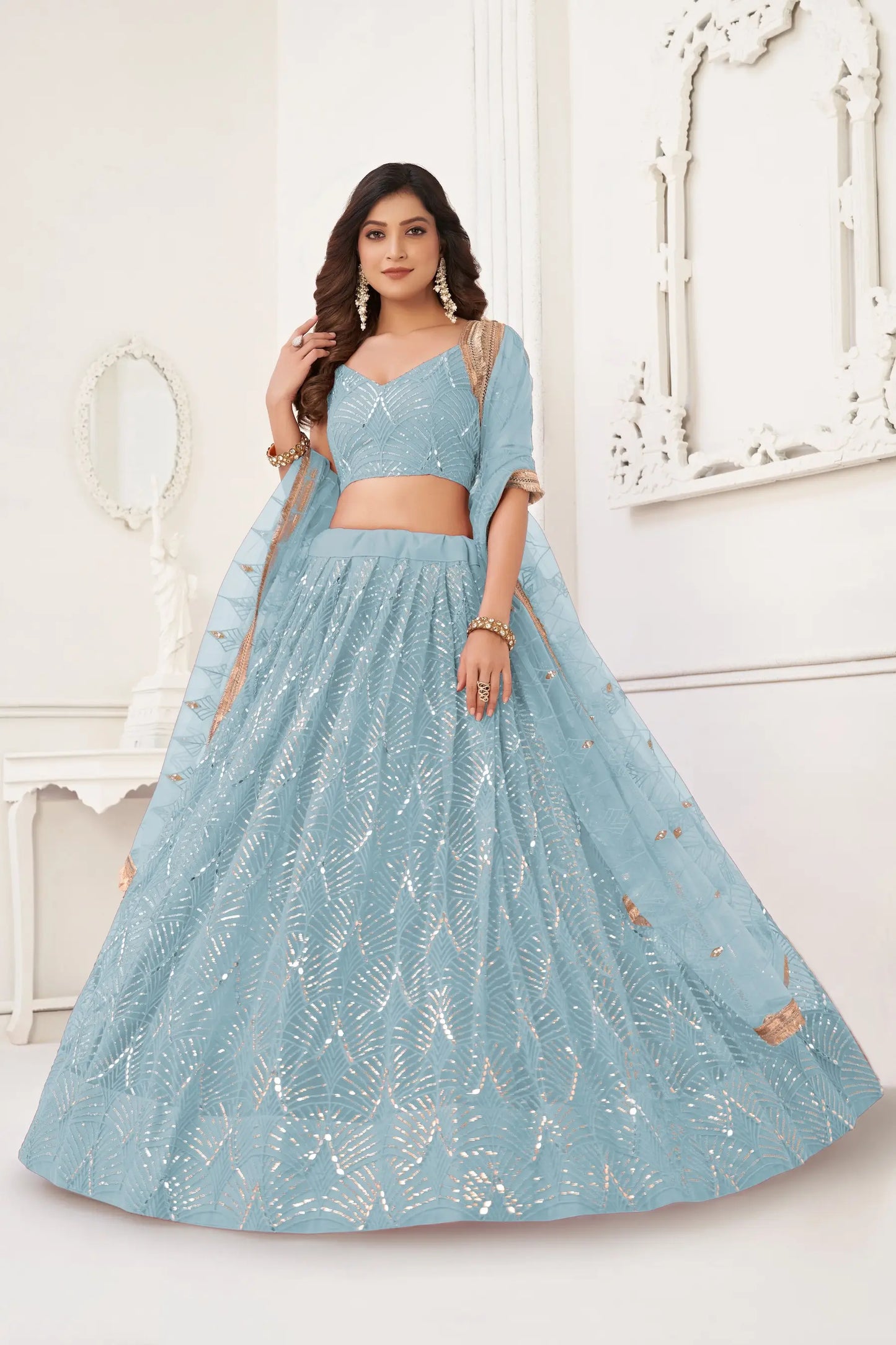 Sky Blue Net Embroidery Lehenga Choli