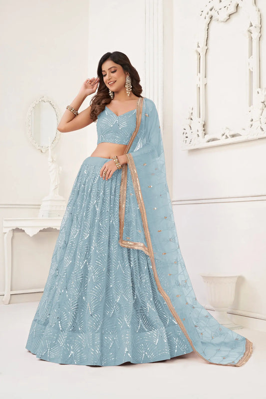 Sky Blue Net Embroidery Lehenga Choli