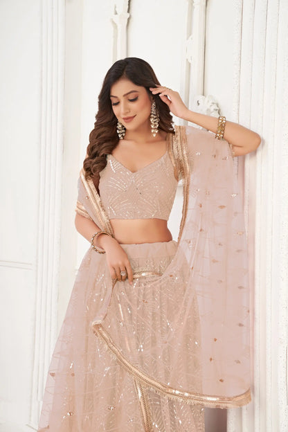 Soft Peach Net Embroidery Lehenga Choli