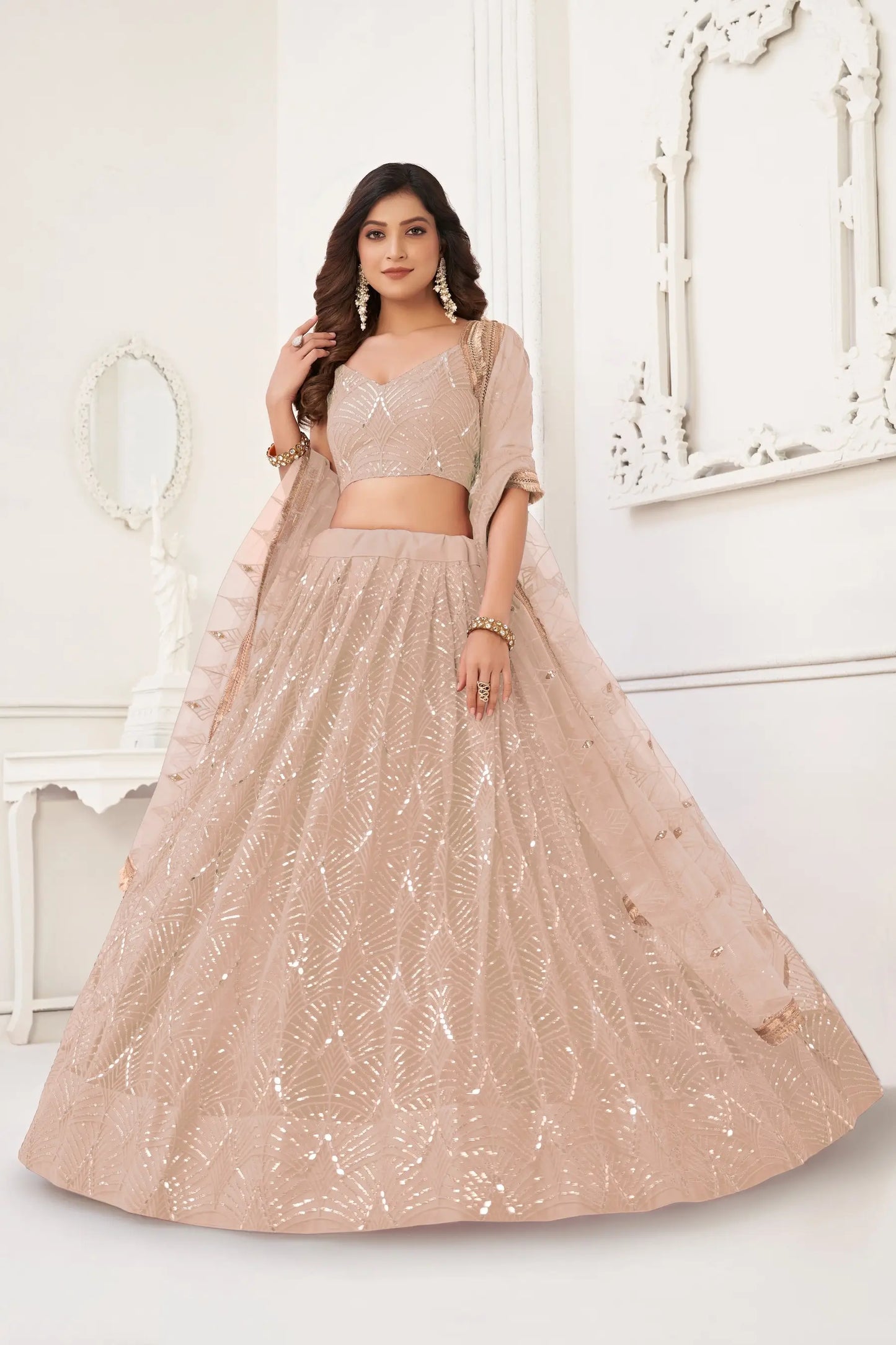 Soft Peach Net Embroidery Lehenga Choli