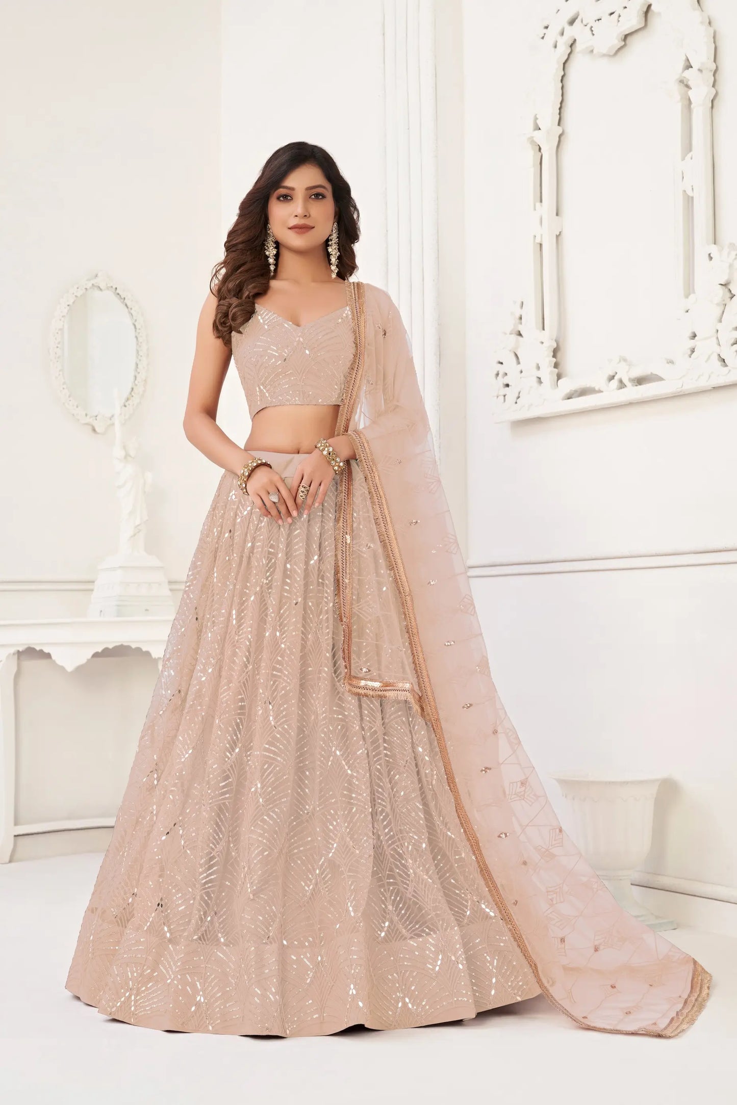 Soft Peach Net Embroidery Lehenga Choli