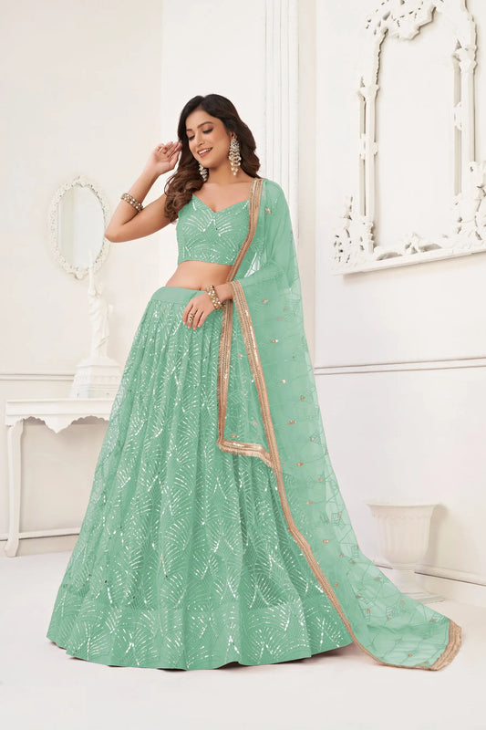 Sea Green Net Embroidery Lehenga Choli