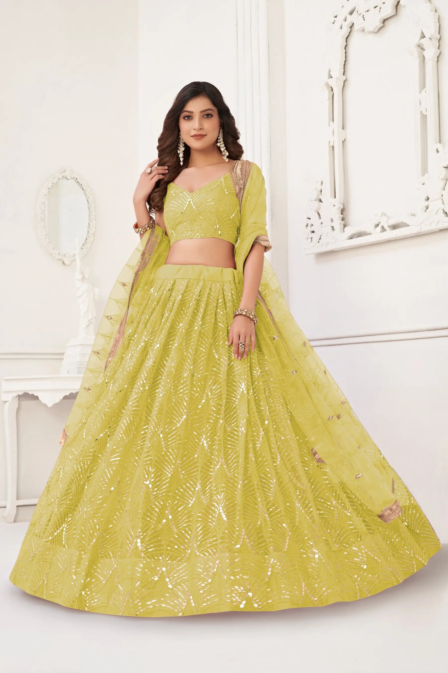 Lime Yellow Net Embroidery Lehenga Choli