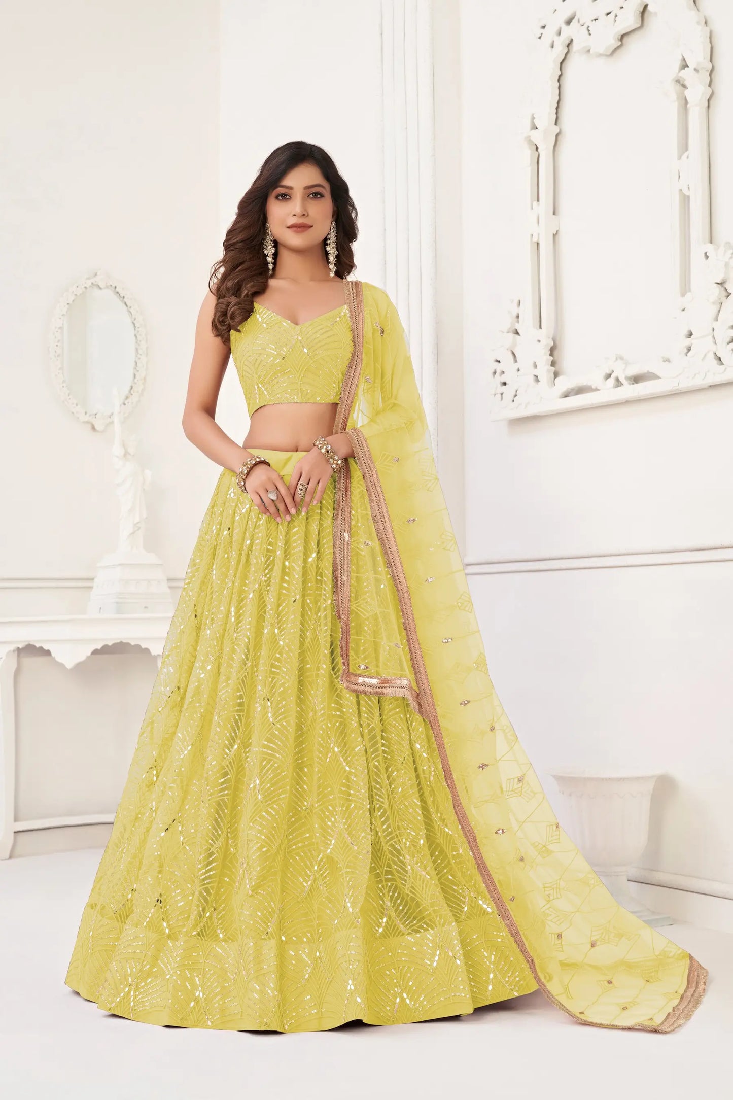 Lime Yellow Net Embroidery Lehenga Choli