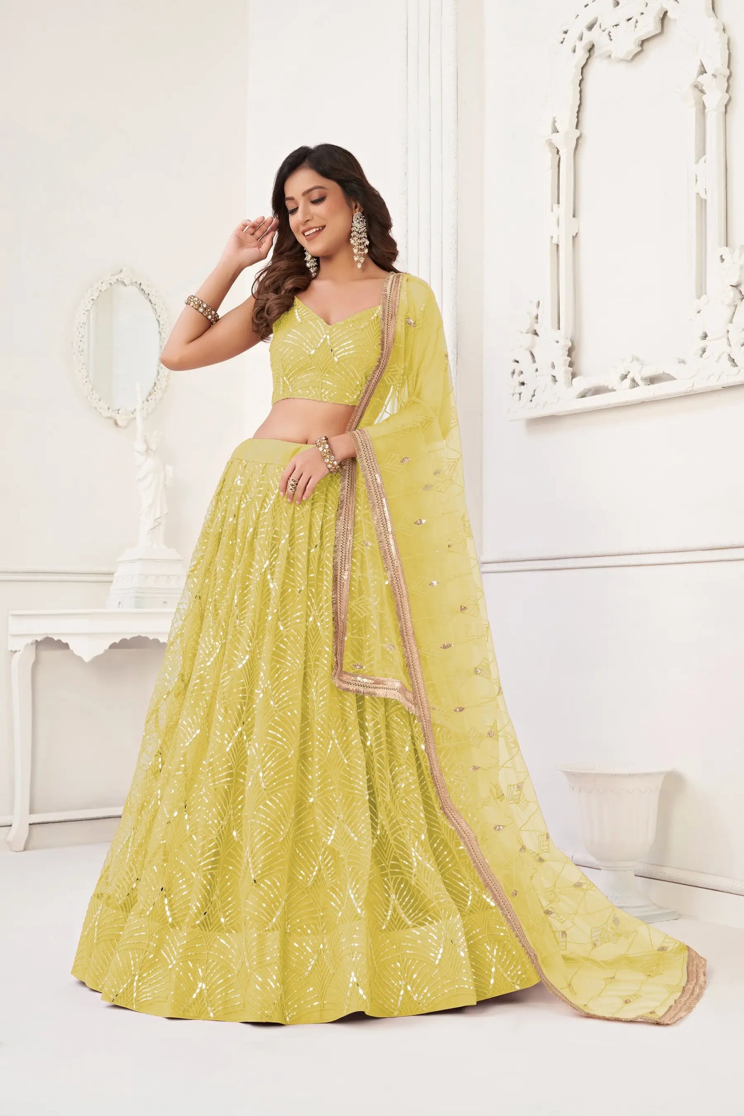 Lime Yellow Net Embroidery Lehenga Choli