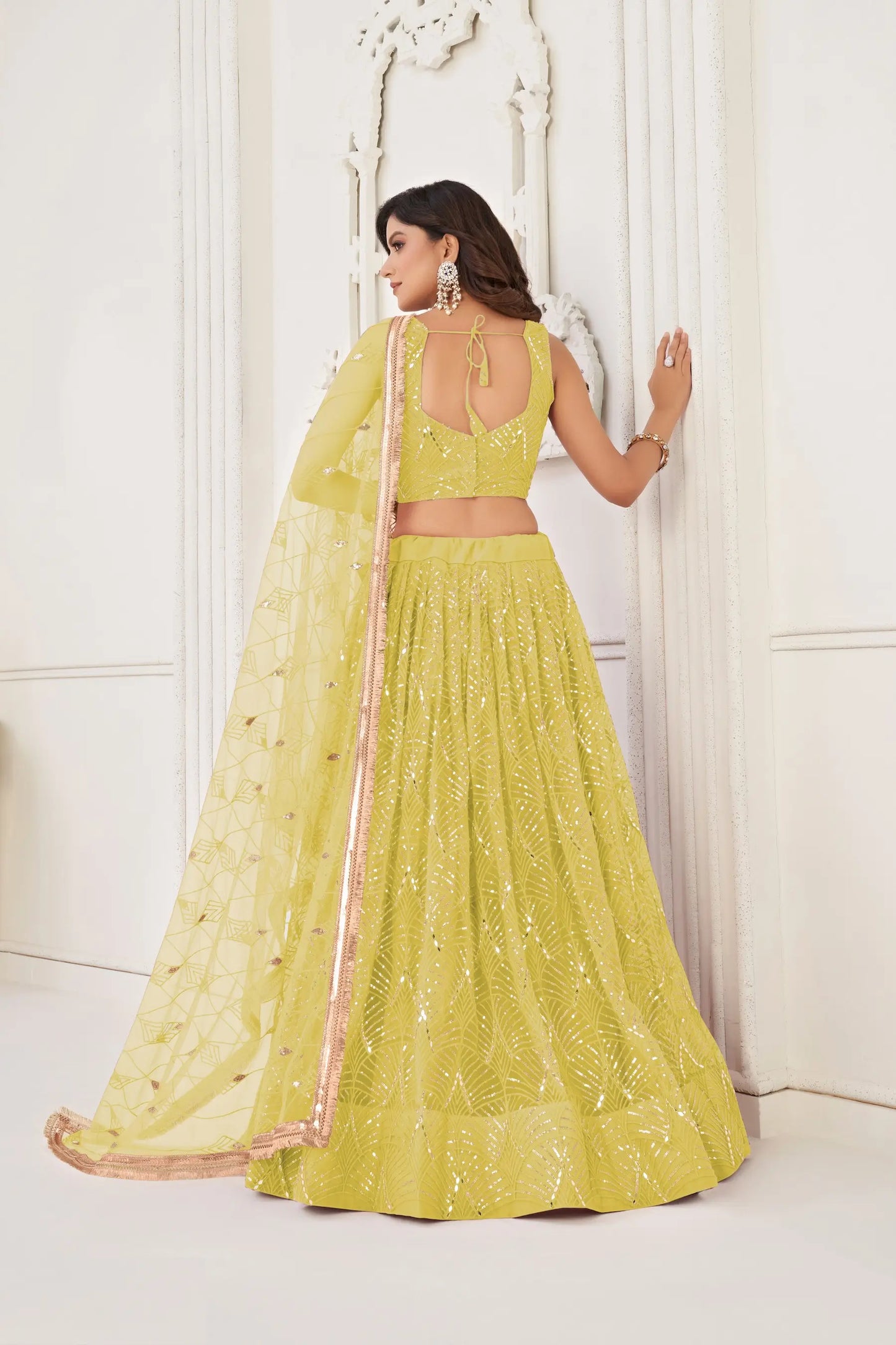 Lime Yellow Net Embroidery Lehenga Choli