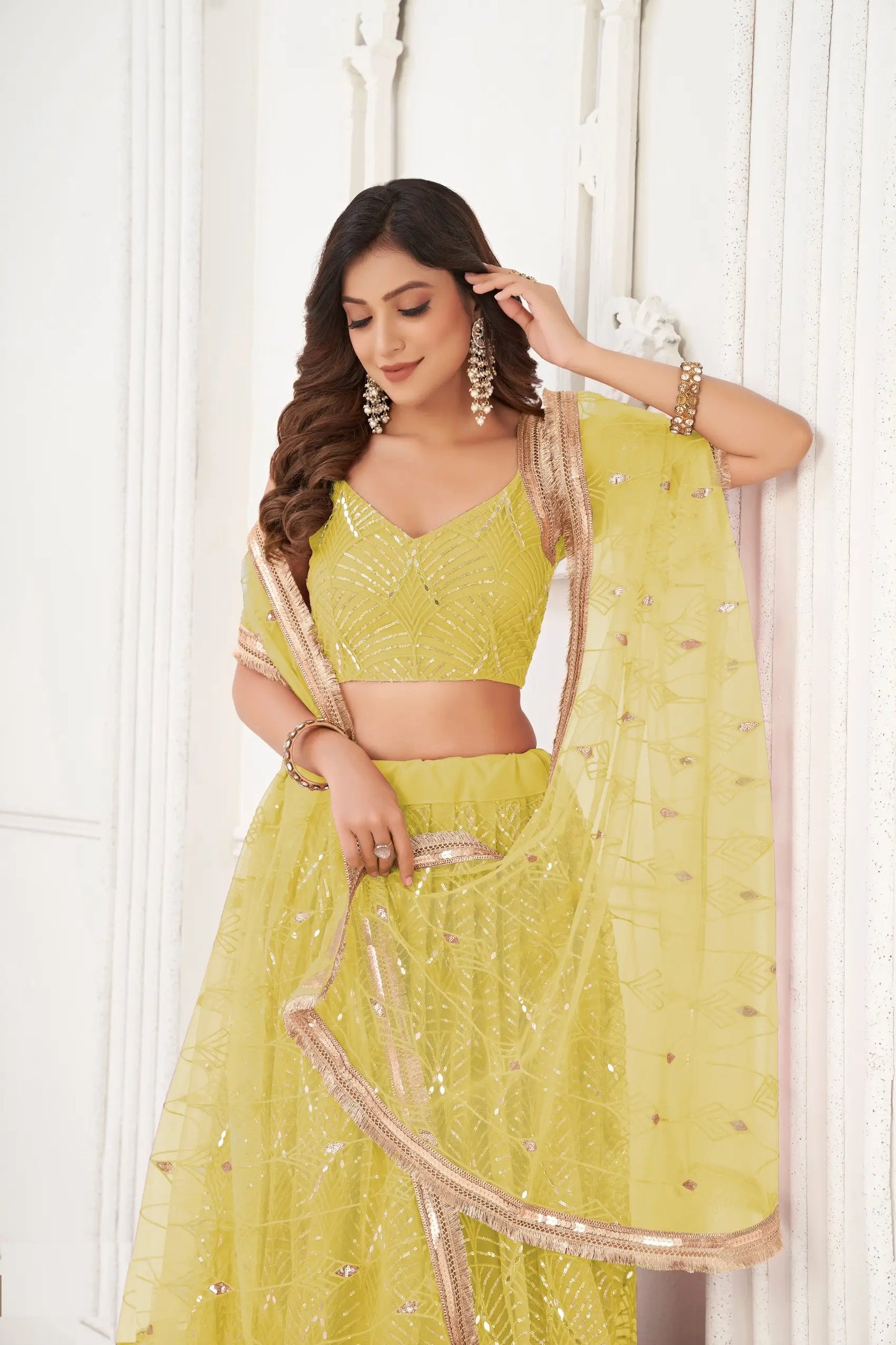 Lime Yellow Net Embroidery Lehenga Choli