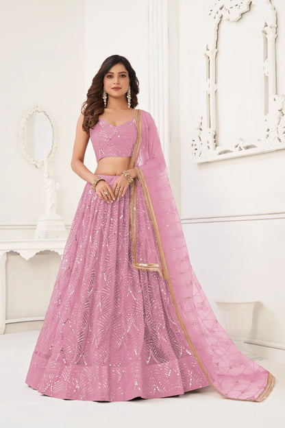 Dusty Pink Net Embroidery Lehenga Choli