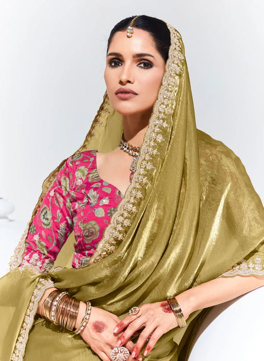 Olive Green Glass Organza Saree With Digital Print,  Sequence & Thread Embroidery Work