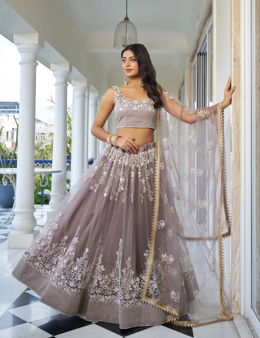 Dusty Rose Net Lehenga Choli With Cotton Thread Work & Sequence Embroidery Work