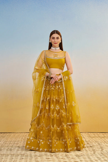 Yellow Net Lehenga Choli With Thread & Sequins Embroidery Work