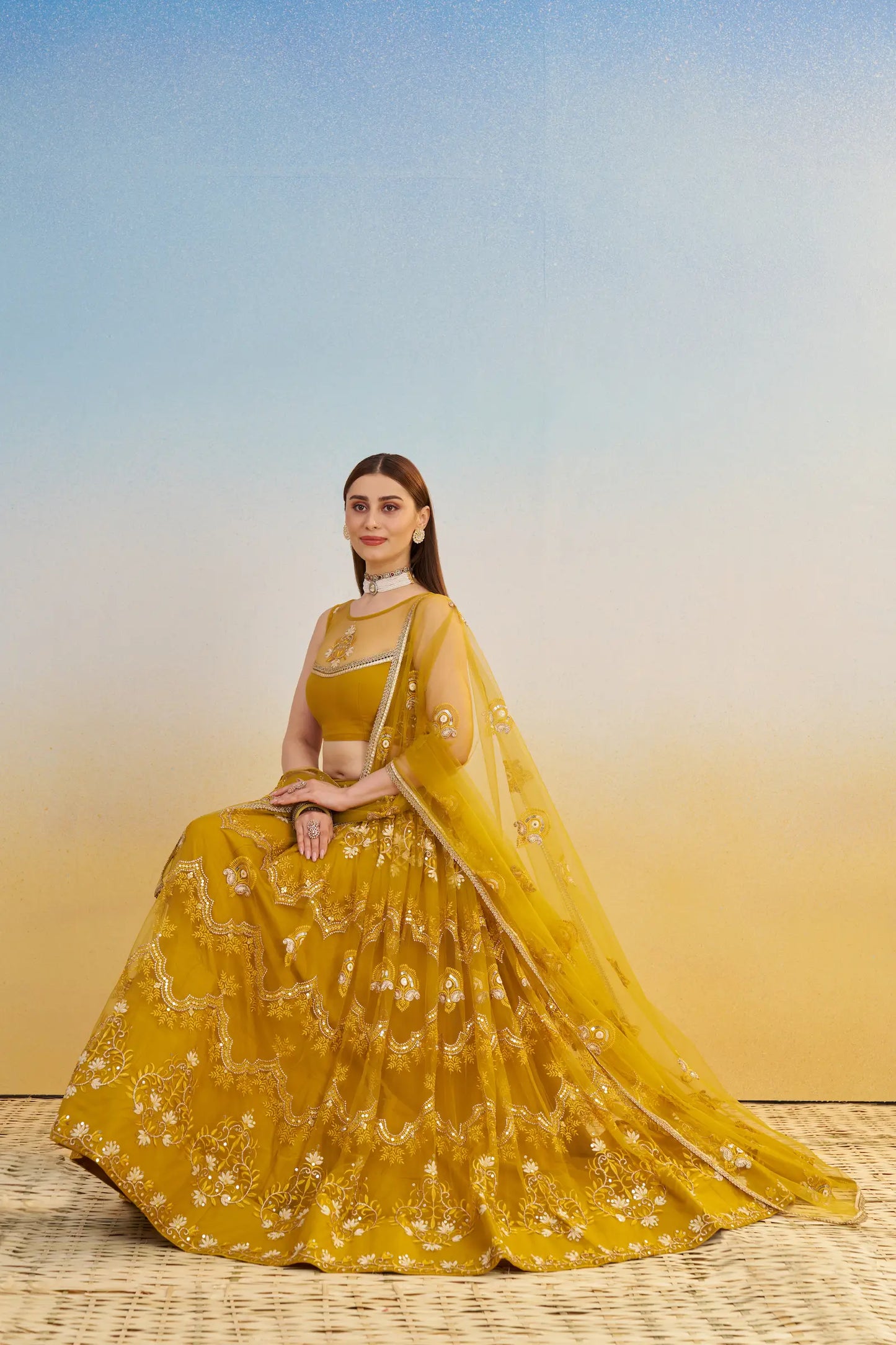 Yellow Net Lehenga Choli With Thread & Sequins Embroidery Work