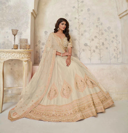 Elegant Beige Wedding Lehenga With Leaf Embroidery