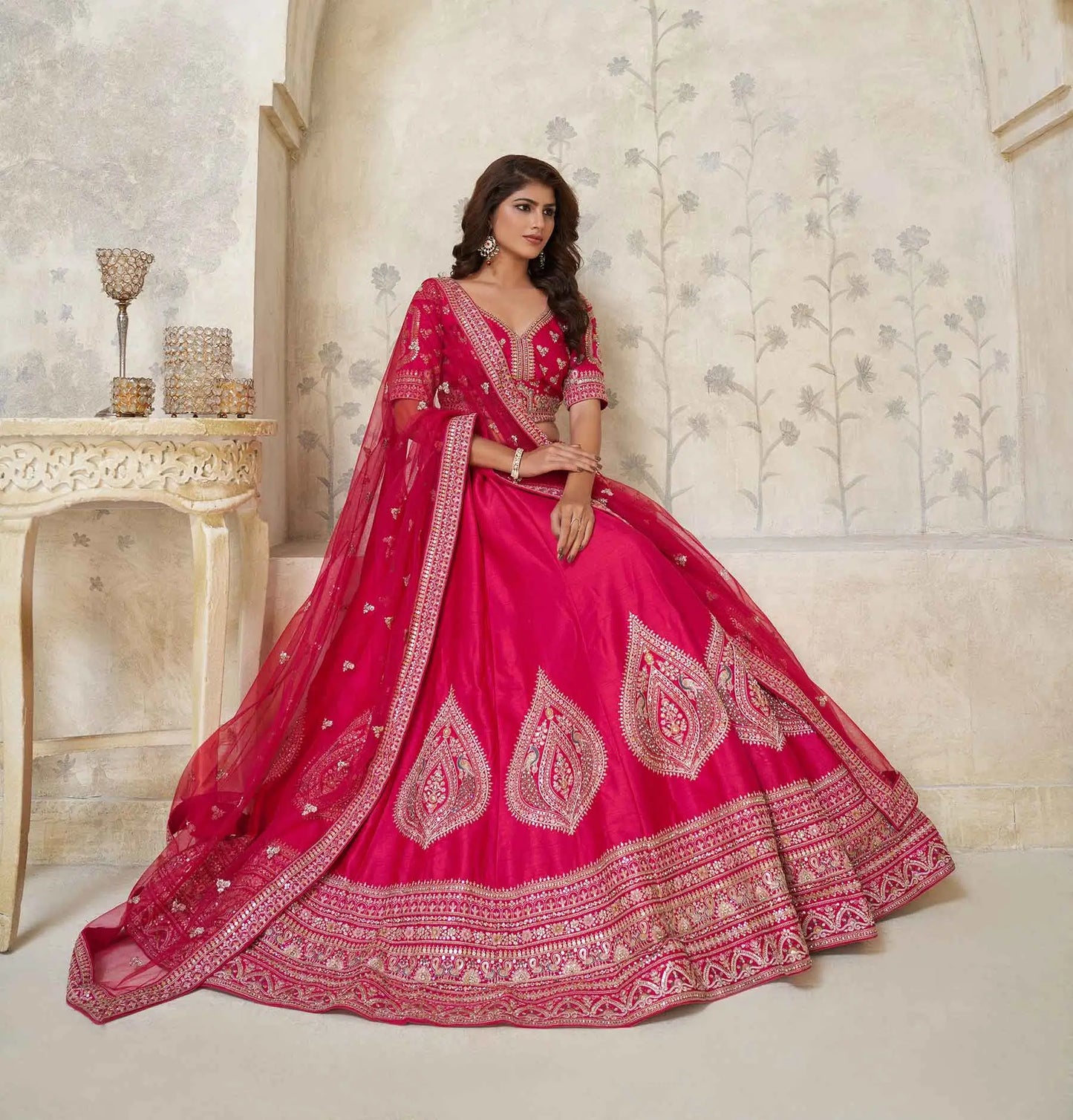 Pink Wedding Lehenga With Leaf Motifs