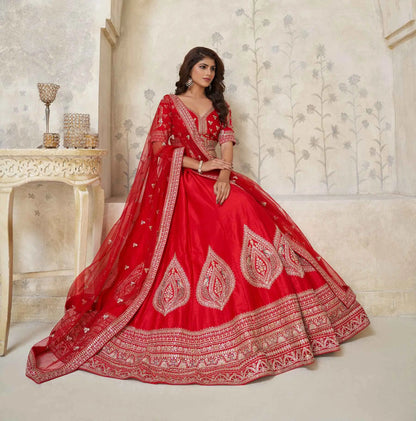 Red Wedding Silk Lehenga With Leaf Embroidery