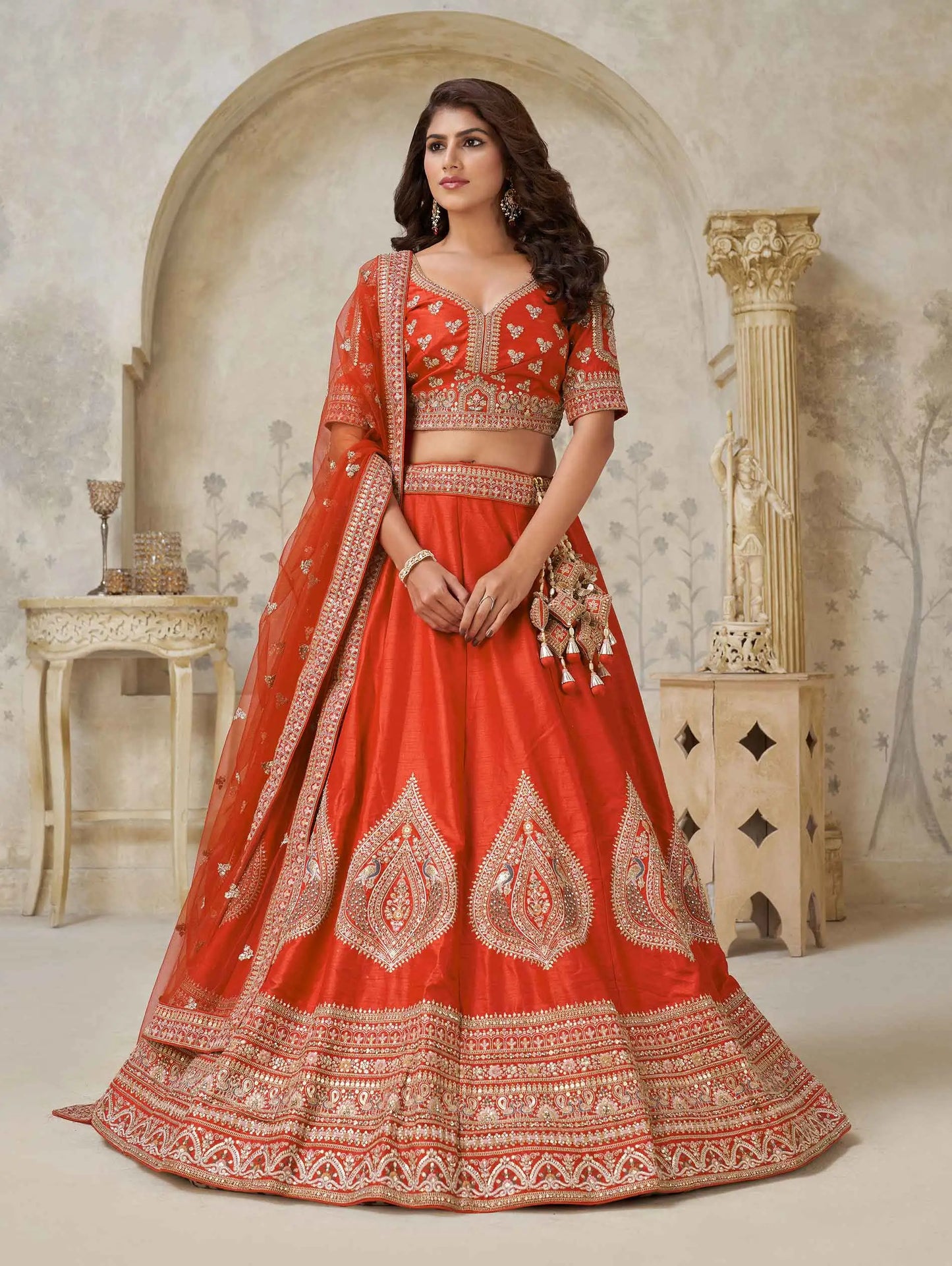 Trendy Rust Leaf Embroidery Wedding Lehenga