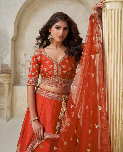 Trendy Rust Leaf Embroidery Wedding Lehenga
