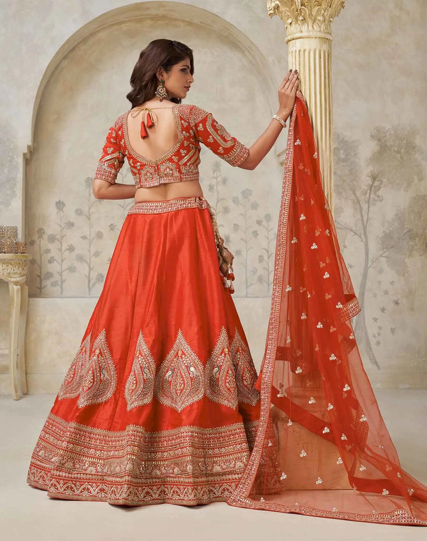 Trendy Rust Leaf Embroidery Wedding Lehenga