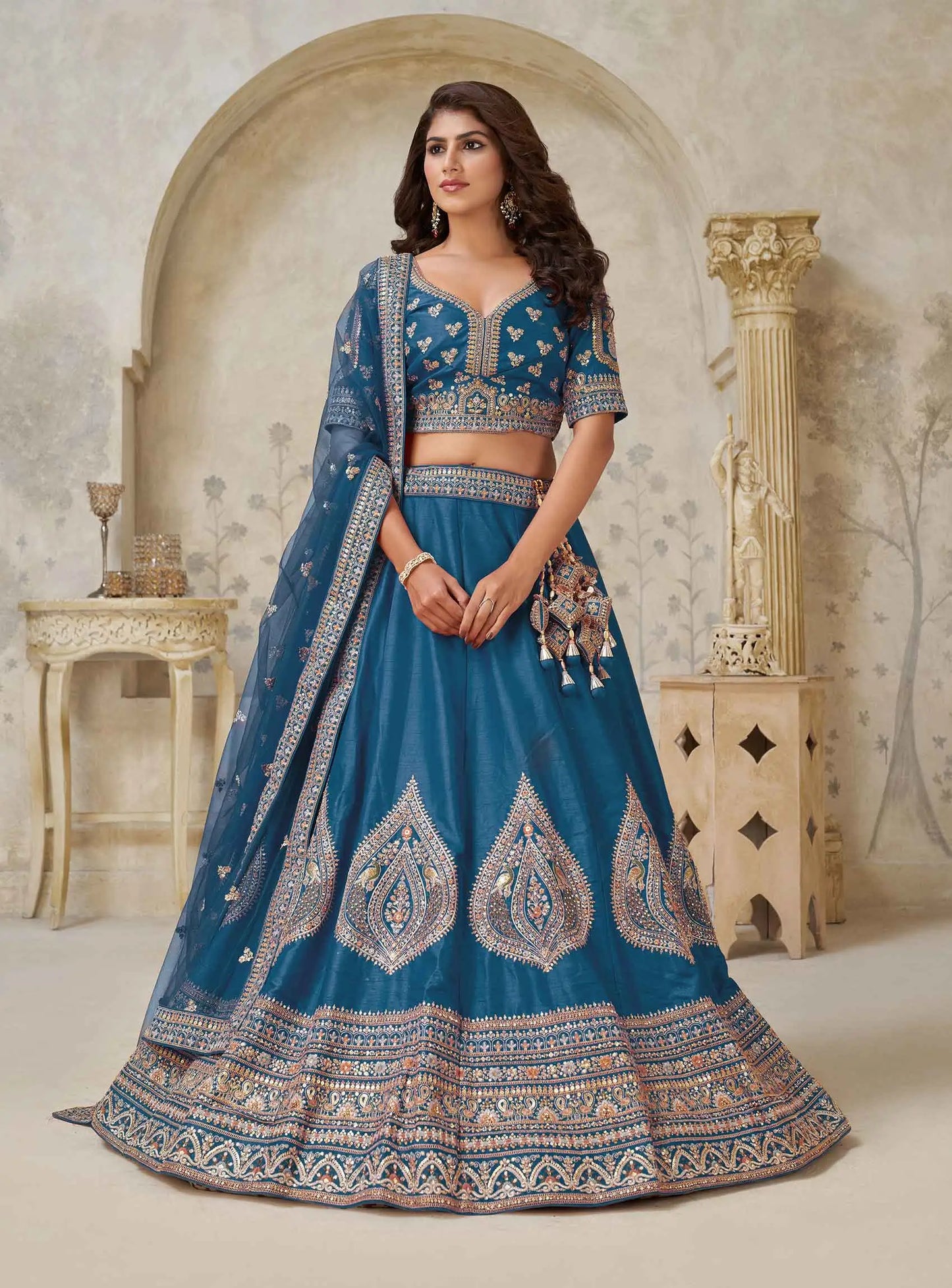 Teal Blue Elegant Wedding lehenga With Zari Work