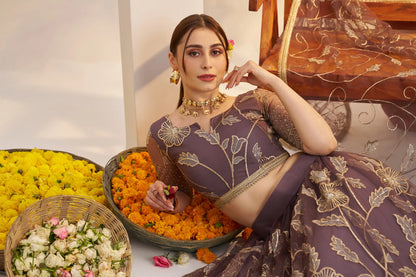 Dark Onion Net Lehenga Choli With Embroidery Work