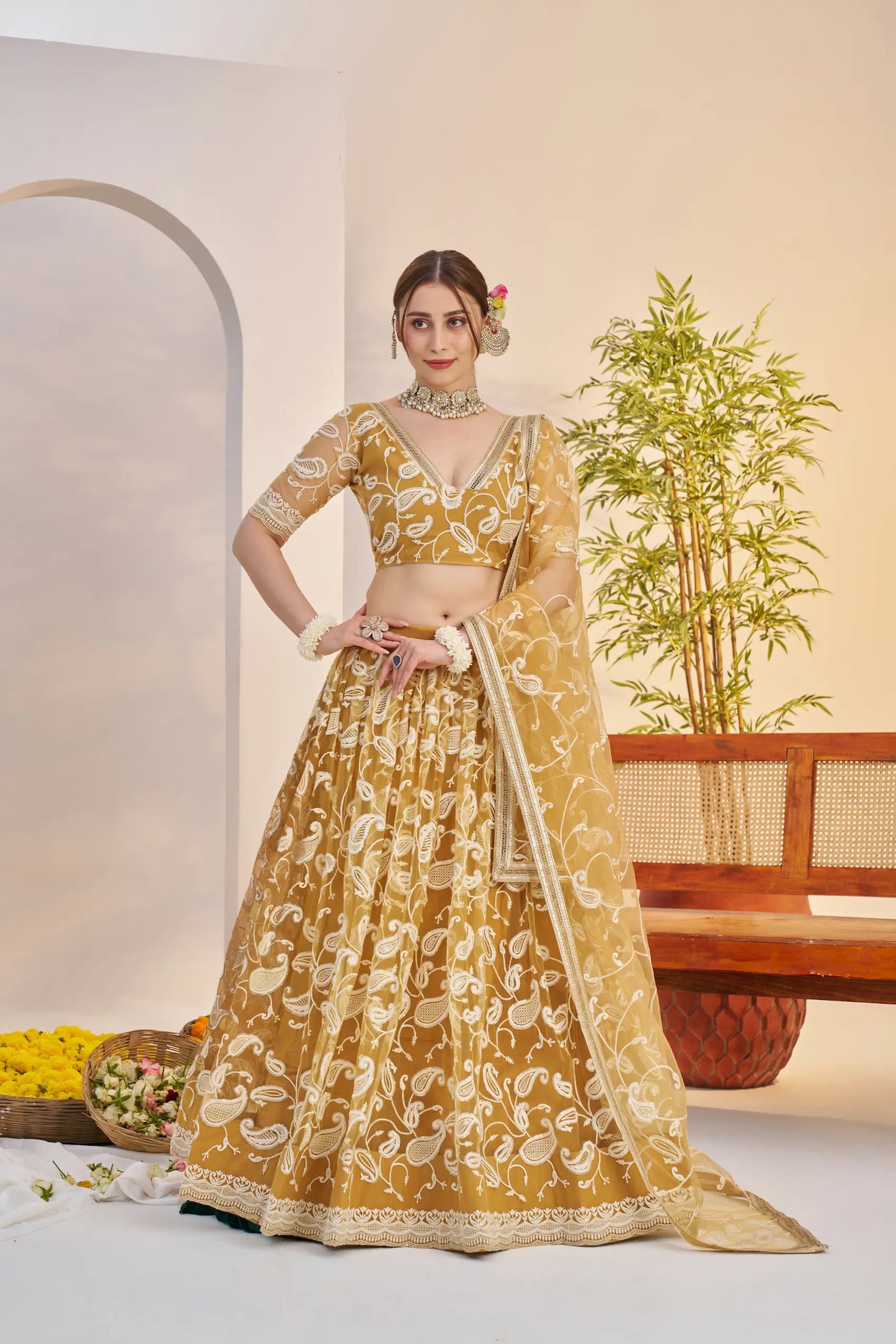 Golden Yellow Net Lehenga Choli With Embroidery Work