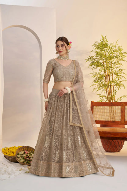 Metalic Grey Net Lehenga Choli With Embroidery Work