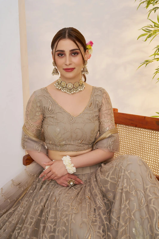 Metalic Grey Net Lehenga Choli With Embroidery Work