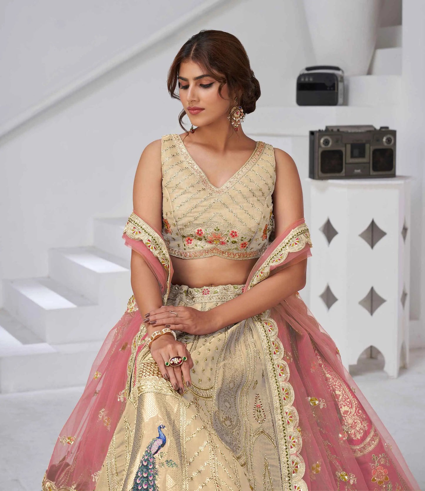 Ivory Silk Designer Lehenga With Peacock Feather Work