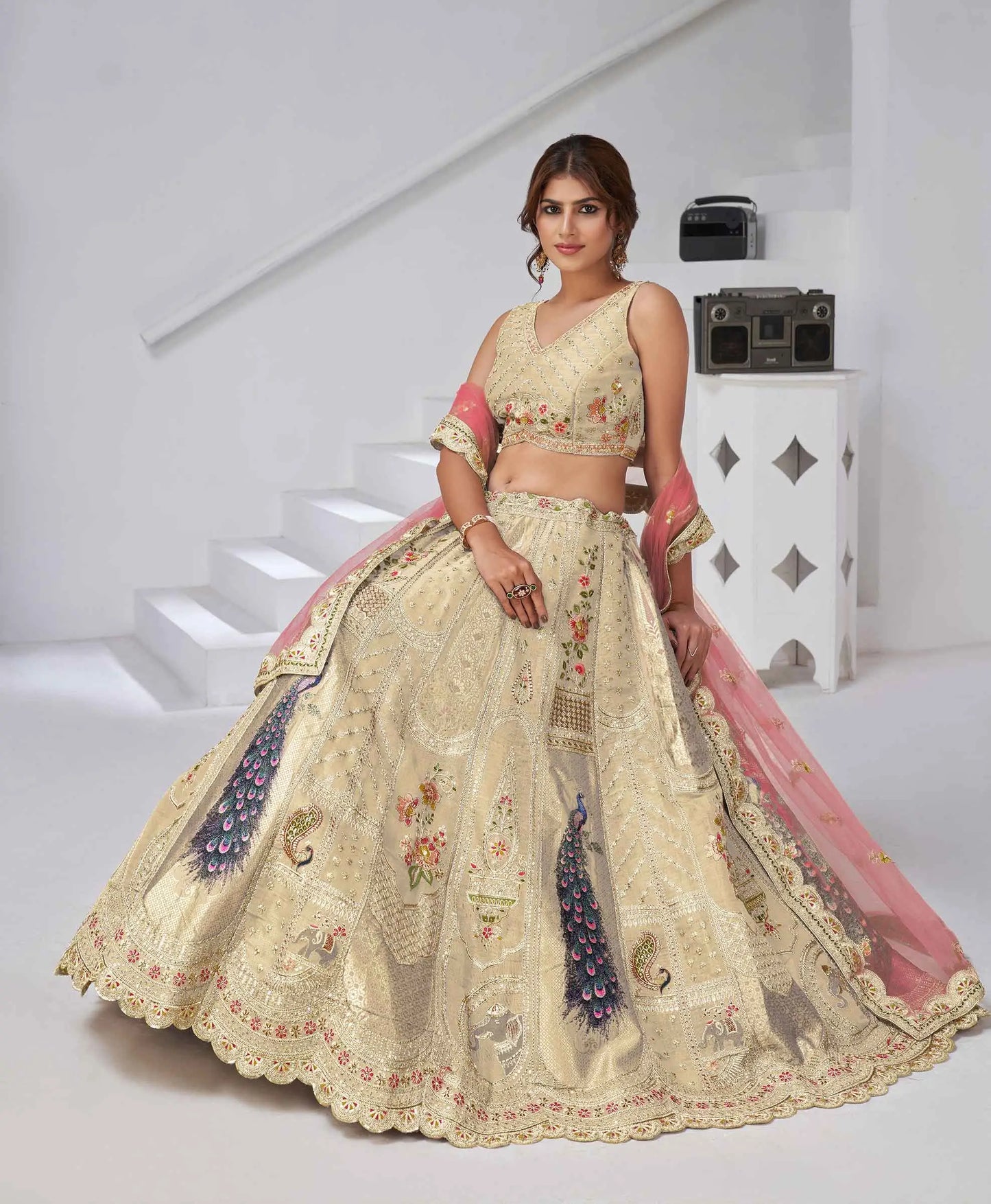 Ivory Silk Designer Lehenga With Peacock Feather Work