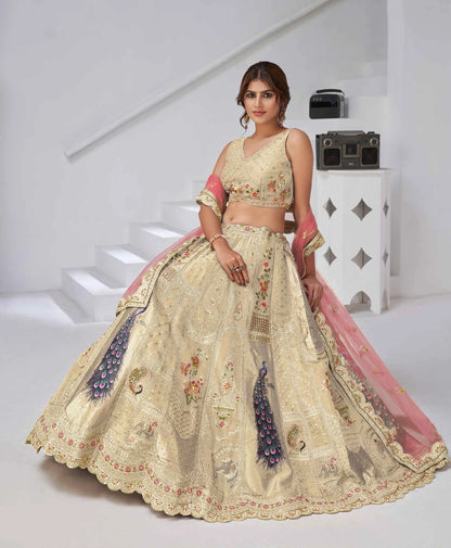 Ivory Silk Designer Lehenga With Peacock Feather Work