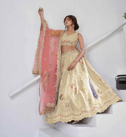 Ivory Silk Designer Lehenga With Peacock Feather Work