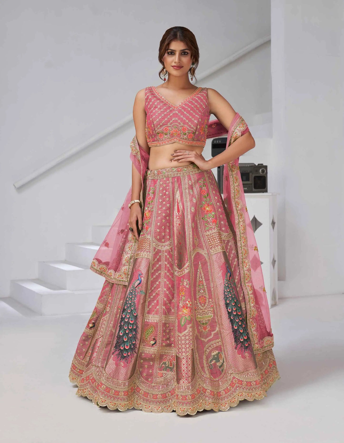 Designer Pink Silk Lehenga With Peacock Feather Work