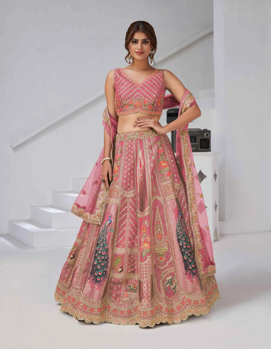 Designer Pink Silk Lehenga With Peacock Feather Work