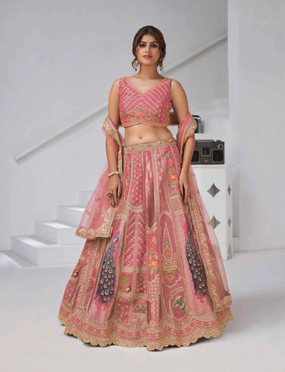 Designer Pink Silk Lehenga With Peacock Feather Work