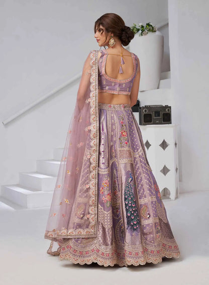 Dusky Purple Silk Lehenga With Peacock Feather Motifs