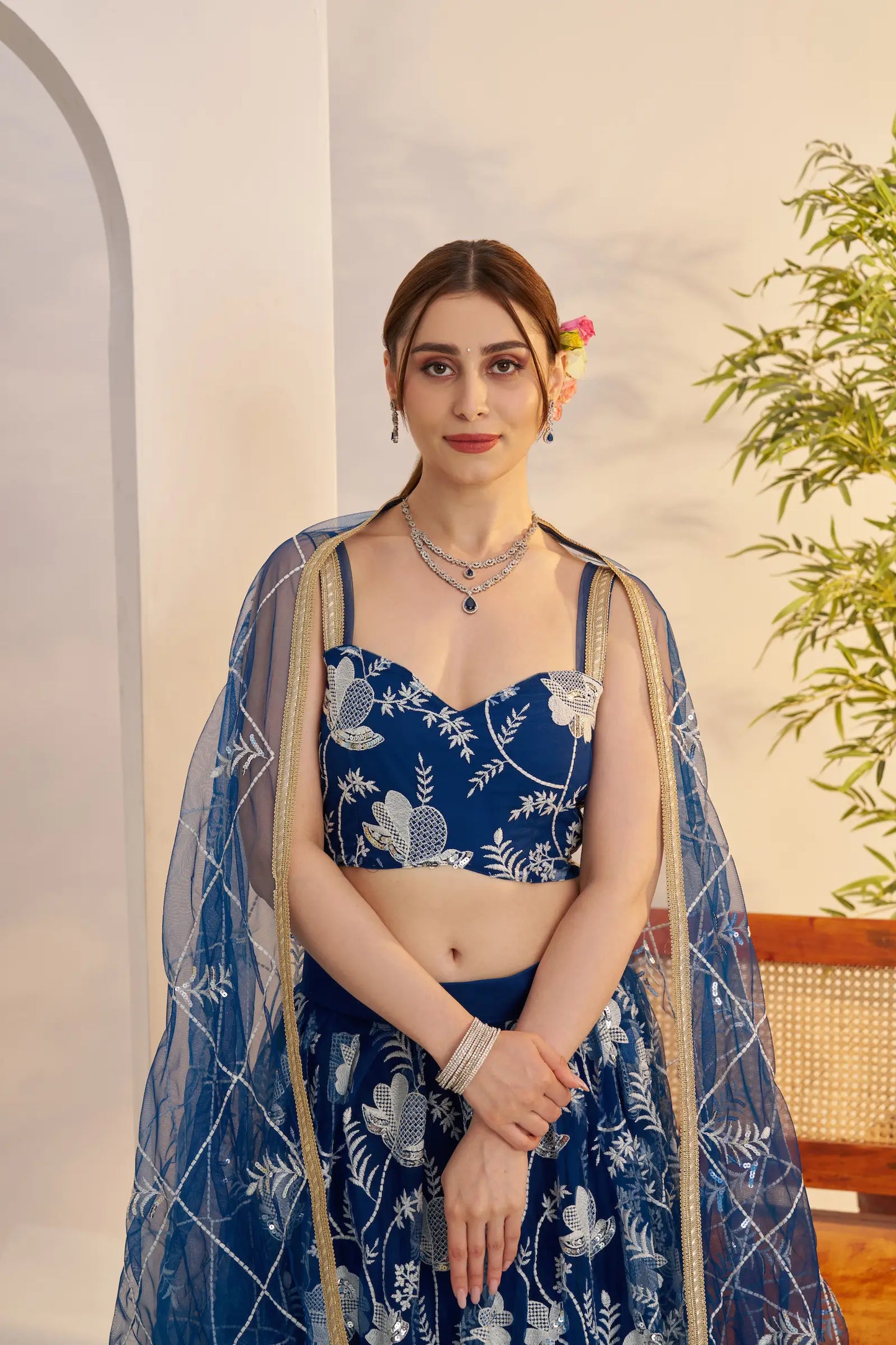 Peacock Blue Net Lehenga Choli With Embroidery Work