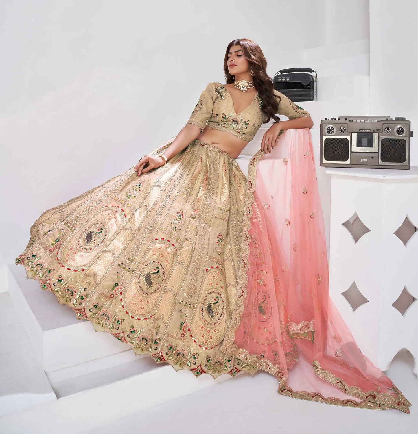 Beige Silk Lehenga With Zari Resham Sequins Work