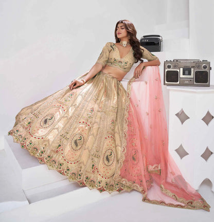 Beige Silk Lehenga With Zari Resham Sequins Work