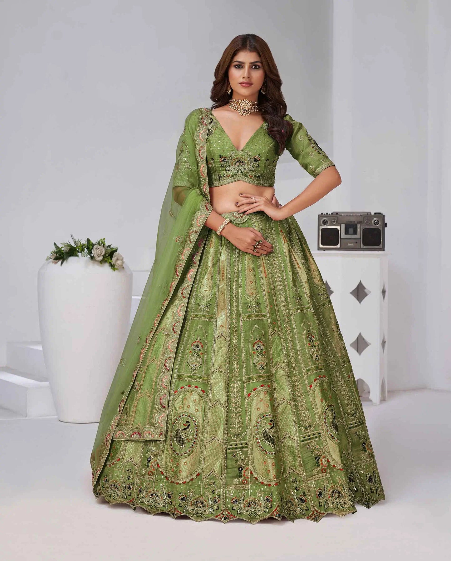 Grace Of Green Silk Lehenga With Embroidery Work