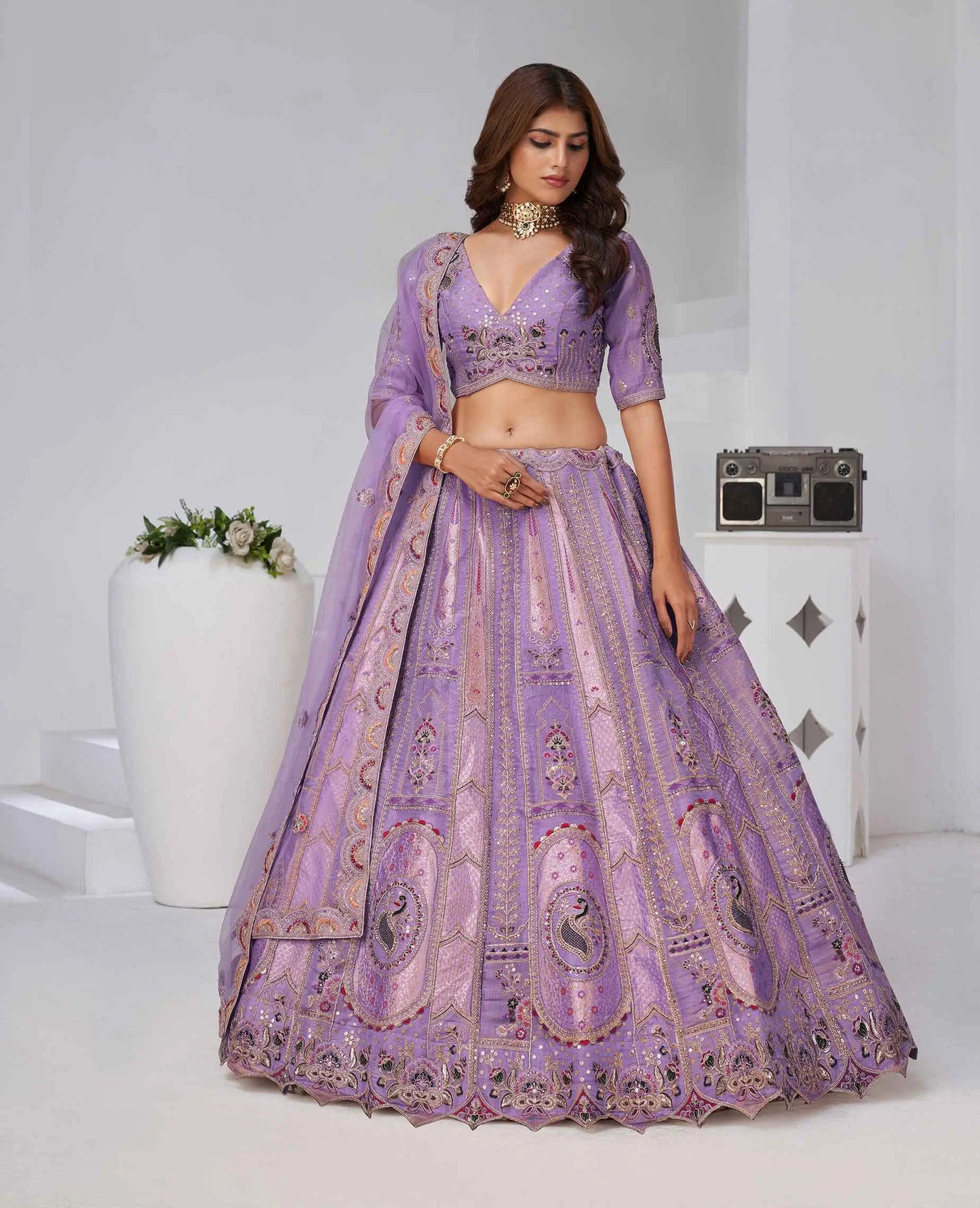 Dusty Lavender Zari Resham Embroidery Silk Lehenga