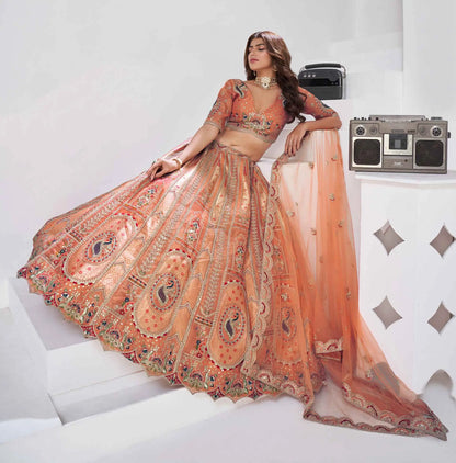 Designer Rust Silk Lehenga With Zari Sequins Detailing