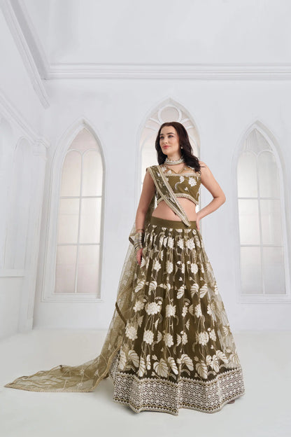 Olive Green Embroidered Lehenga Choli