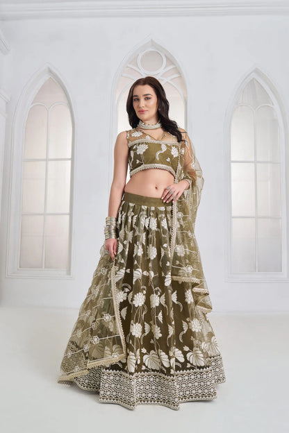 Olive Green Embroidered Lehenga Choli