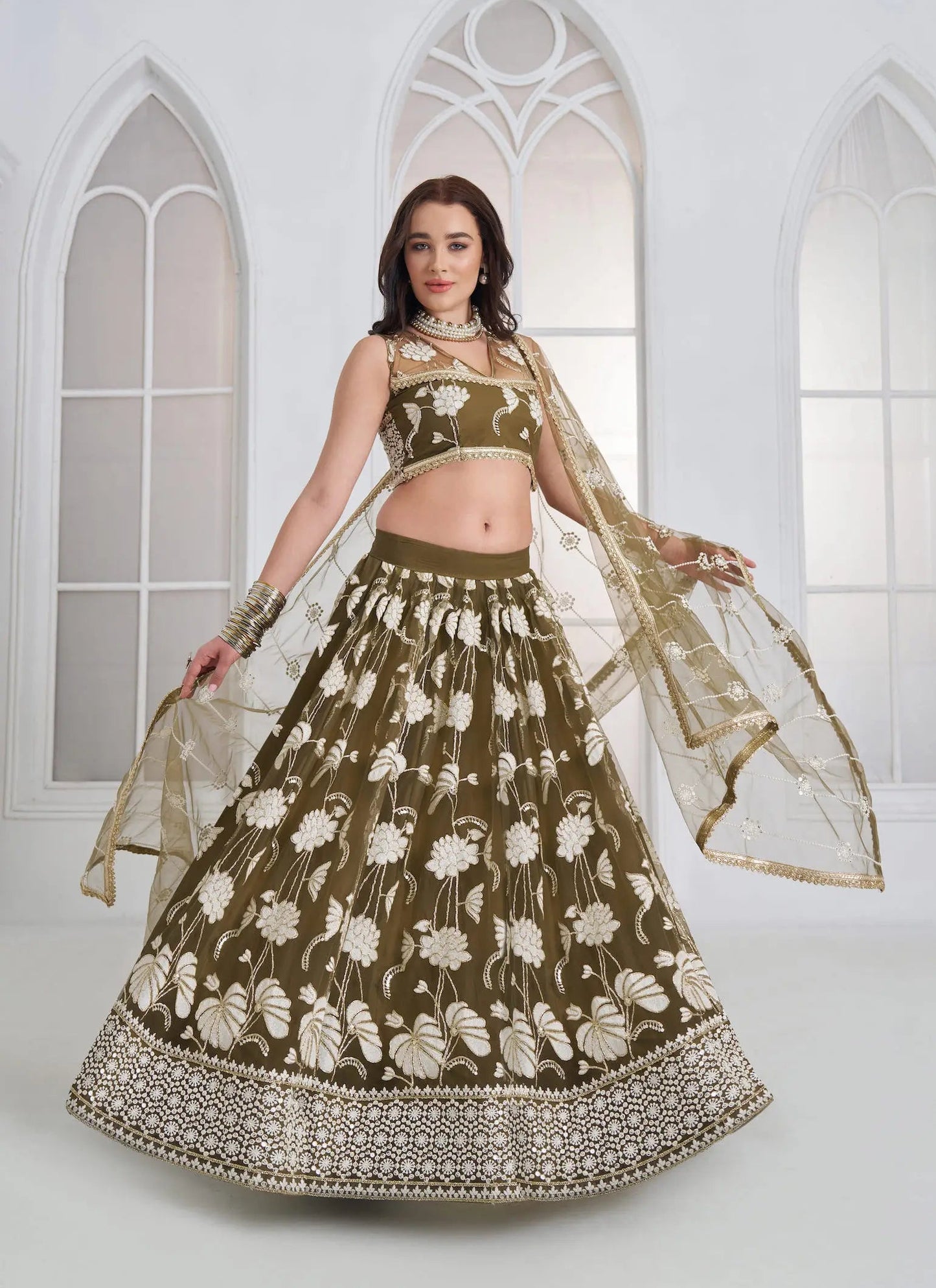 Olive Green Embroidered Lehenga Choli