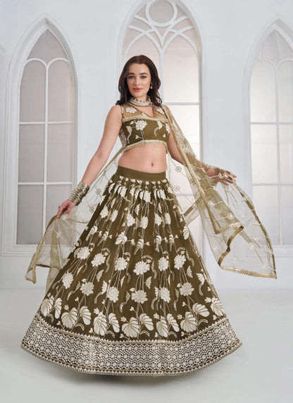 Olive Green Embroidered Lehenga Choli
